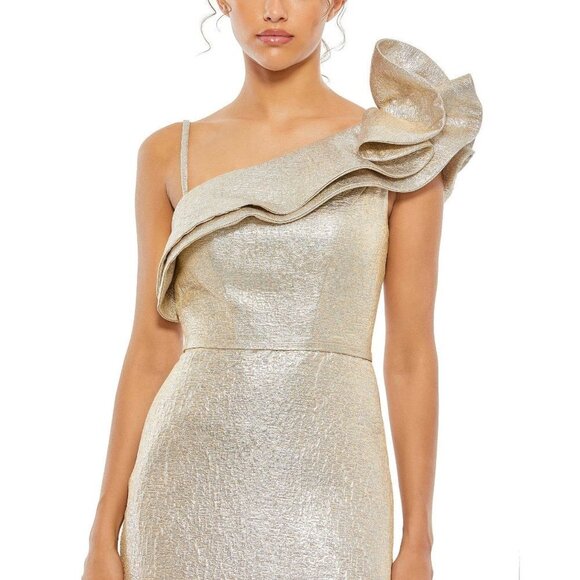 Mac Duggal 55380 Ruffle Neckline Gold Metallic Mini Dress in Oyster Size 8 NWT - Picture 2 of 6